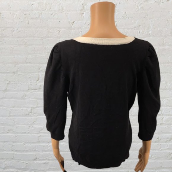 VINTAGE RED -- Sweater, Black & White, White Trim, Fuzzy Neck Detail, 3/4 Sleeve - Picture 3 of 12